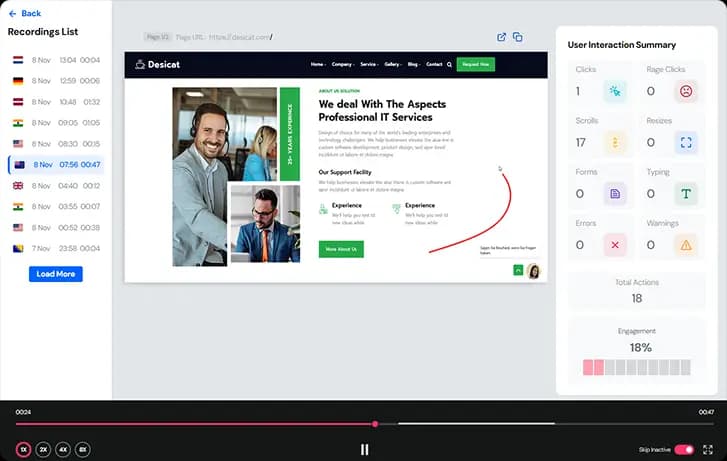 Session replay software showing real user interactions on website for UX insights