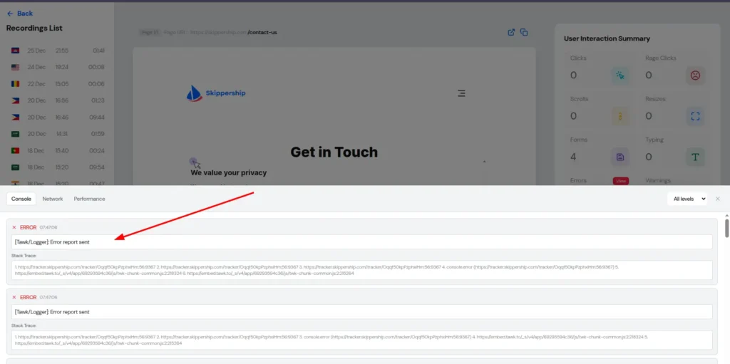Browser console error detection by session replay