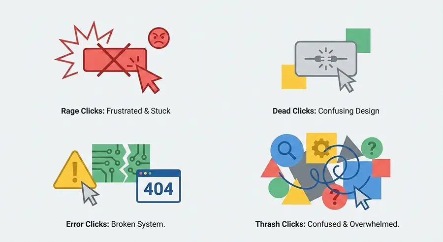 Comparison of rage click, dead click, error click, and thrash click with causes, UX meaning, and risk levels