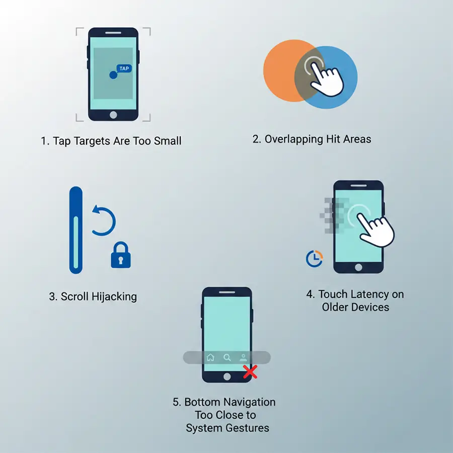 Mobile-specific rage click causes including small tap targets, scroll hijacking, and touch latency