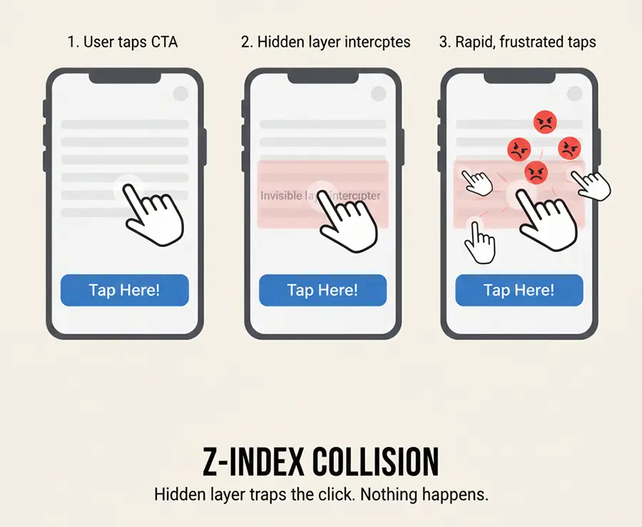 Mobile rage clicks caused by overlapping elements and z-index issues