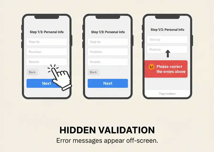 Rage click caused by hidden form validation errors after clicking Next