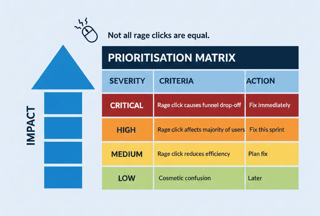 Rage click prioritization matrix based on severity and business impact