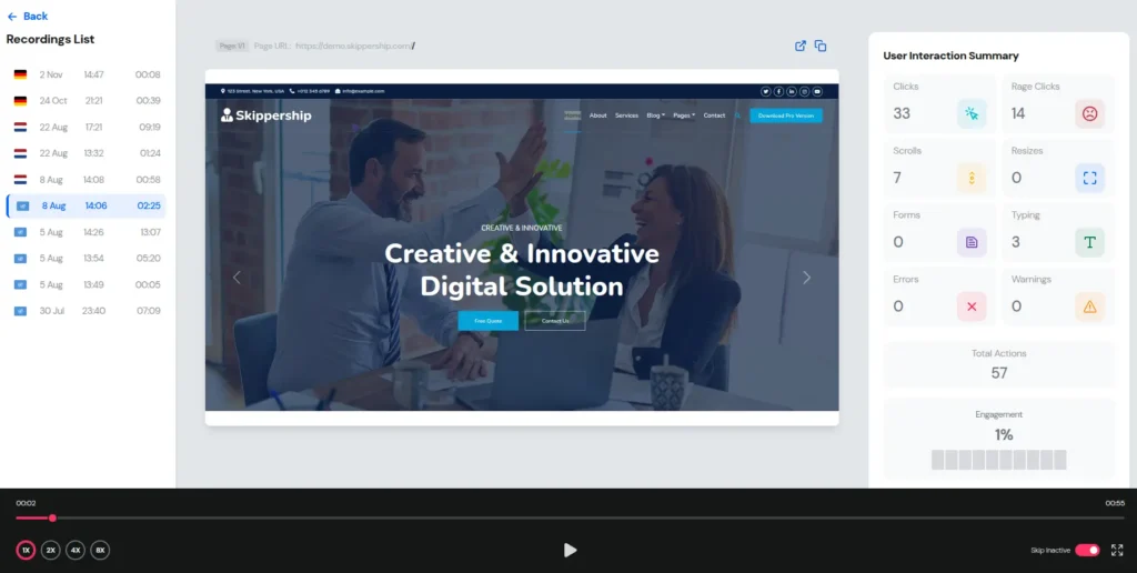 Session replay showing rage click indicators such as rapid clicks